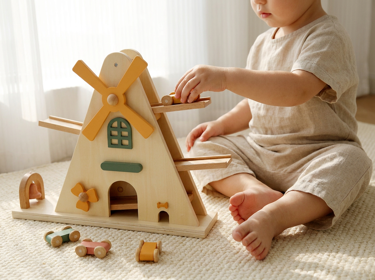 Wooden Windmill Car Ramp Toy — Gravity Slide & Cause-and-Effect Play for Toddlers