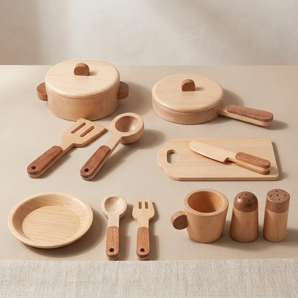 Wooden Kitchen Cookware Play Set — 15-Piece Natural Beech Pretend Play Toy for Kids