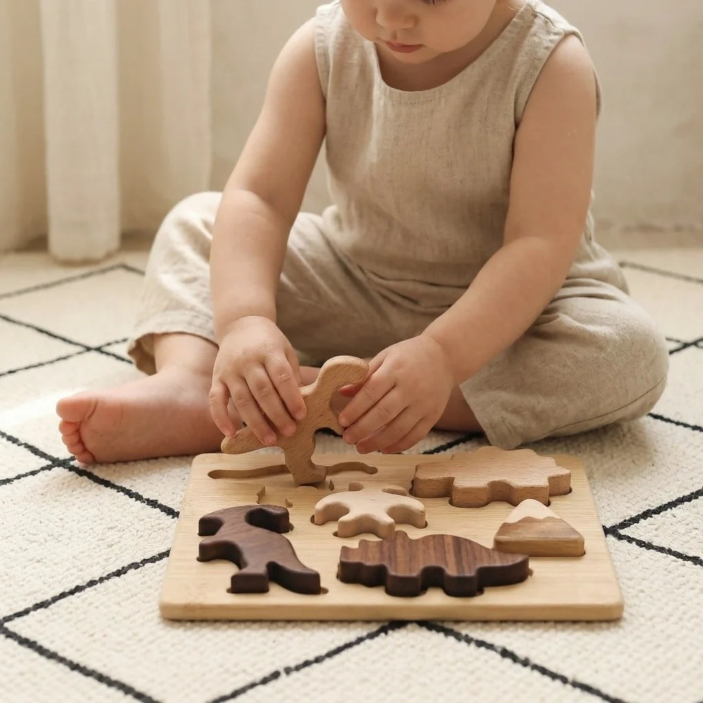 Wooden Dinosaur Chunky Puzzle Board — Montessori Two-Tone Nature Play for Toddlers