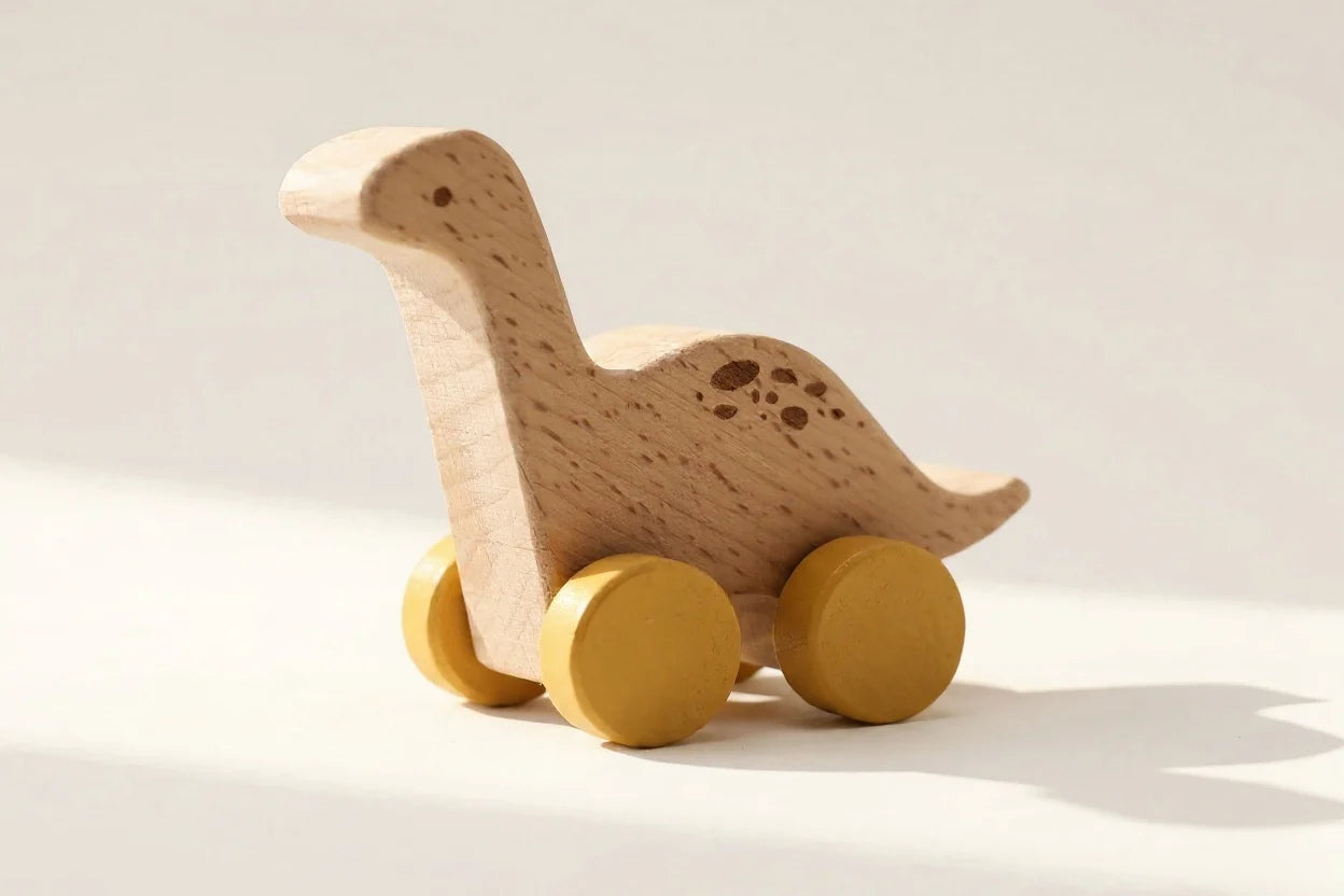 Wooden Dinosaur Push Toy — Handcrafted Beech Dino Car for Toddlers