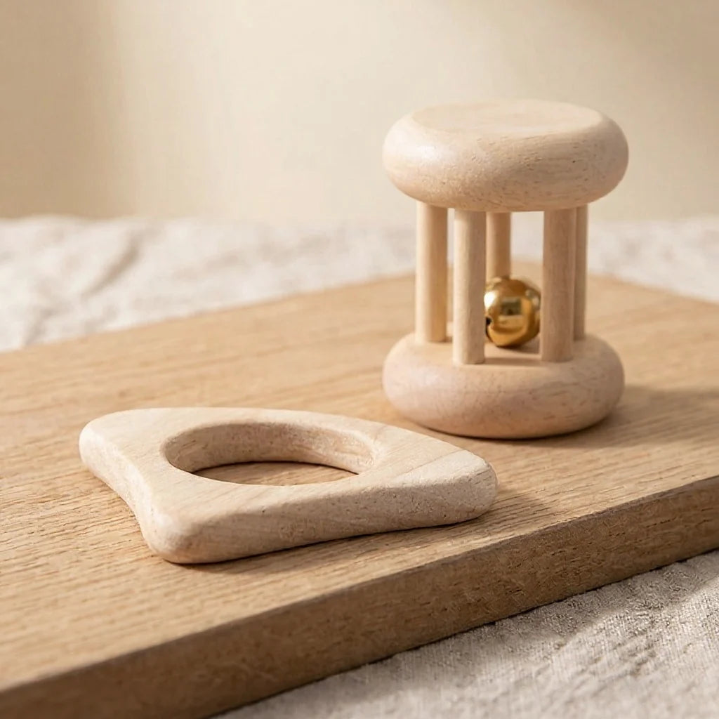 Wooden Baby Rattle & Teether Set — 4-Piece Natural Beech Sensory Toy for Newborns
