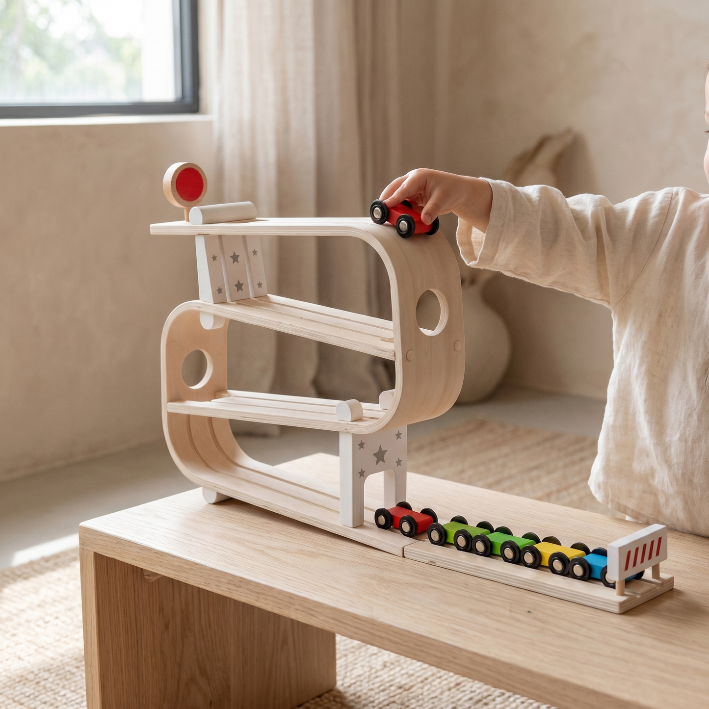Wooden Car Ramp Racer — 3-Level Gravity Slide Track for Toddlers
