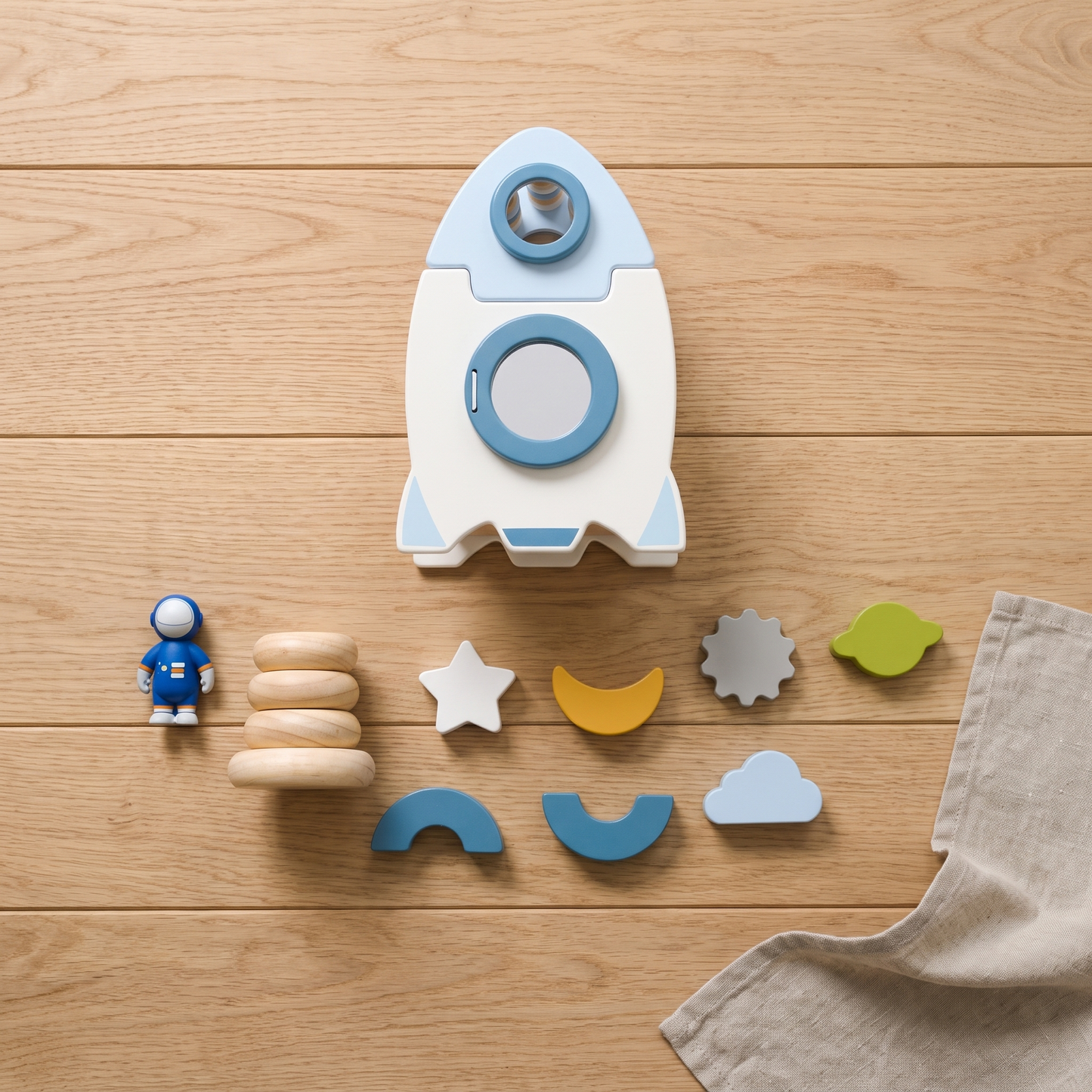 Wooden Rocket Shape Sorter & Abacus Busy Box — Montessori Space Learning Toy for Toddlers