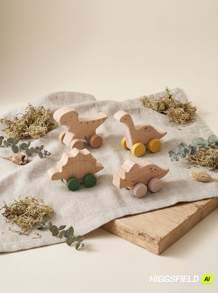 Wooden Dinosaur Push Toy — Handcrafted Beech Dino Car for Toddlers