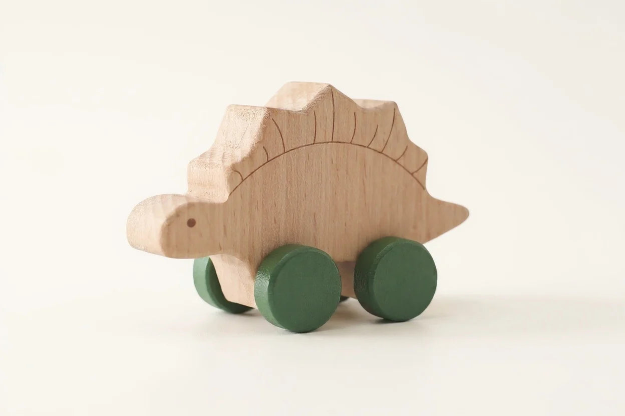 Wooden Dinosaur Push Toy — Handcrafted Beech Dino Car for Toddlers