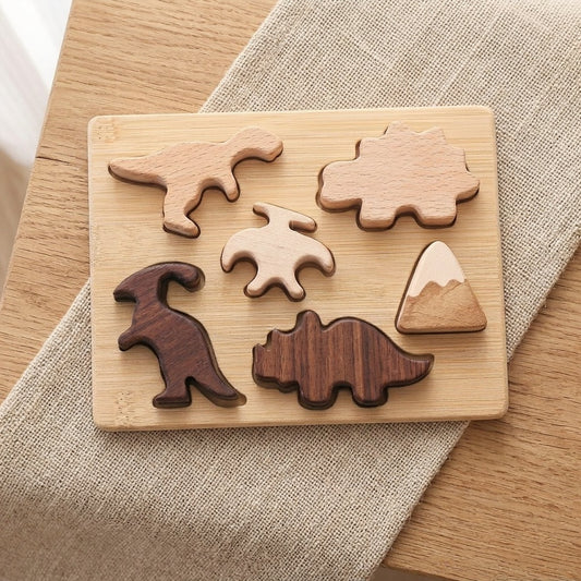 Wooden Dinosaur Chunky Puzzle Board — Montessori Two-Tone Nature Play for Toddlers