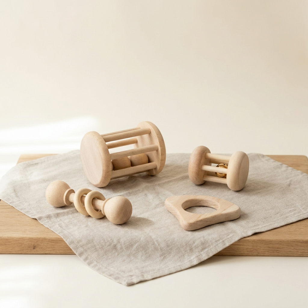 Wooden Baby Rattle & Teether Set — 4-Piece Natural Beech Sensory Toy for Newborns