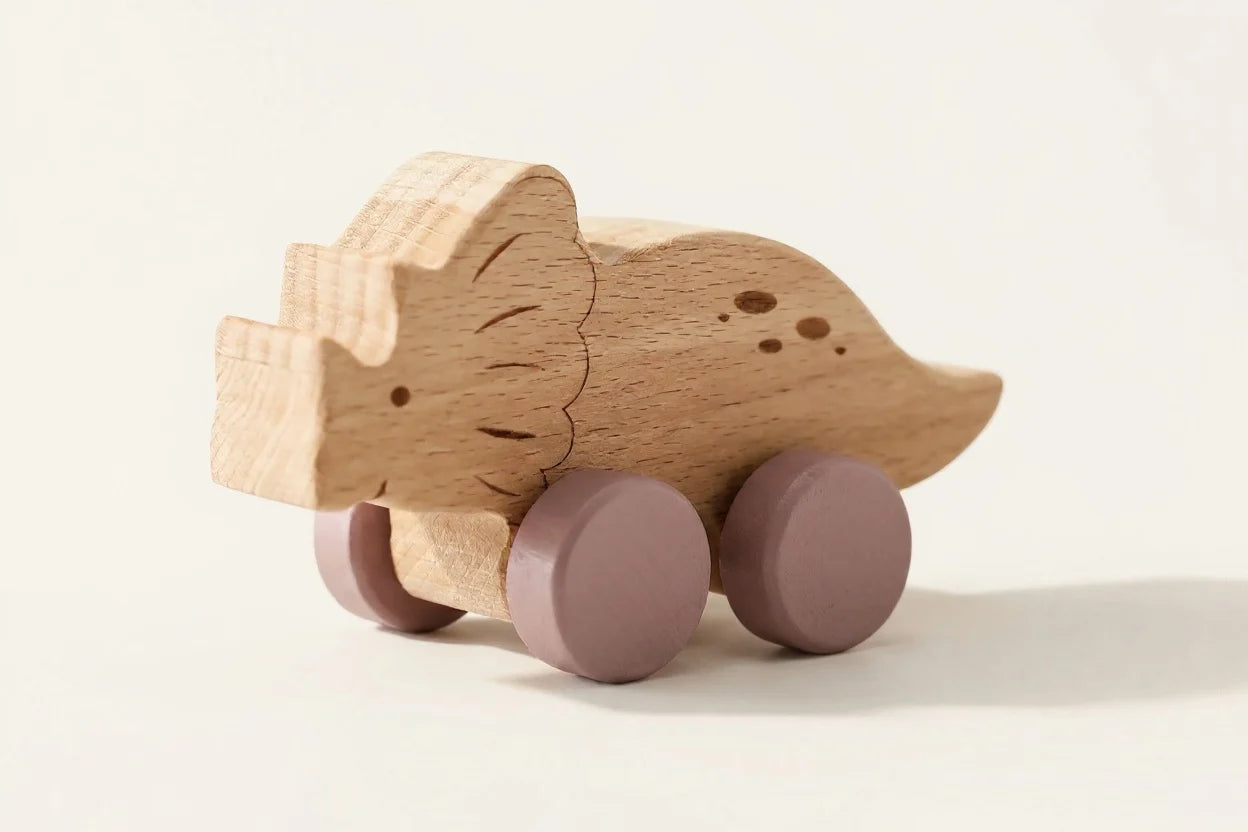 Wooden Dinosaur Push Toy — Handcrafted Beech Dino Car for Toddlers