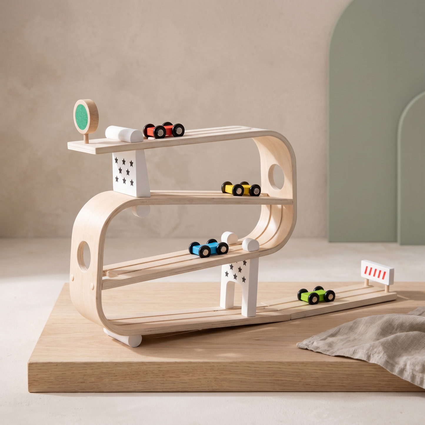 Wooden Car Ramp Racer — 3-Level Gravity Slide Track for Toddlers