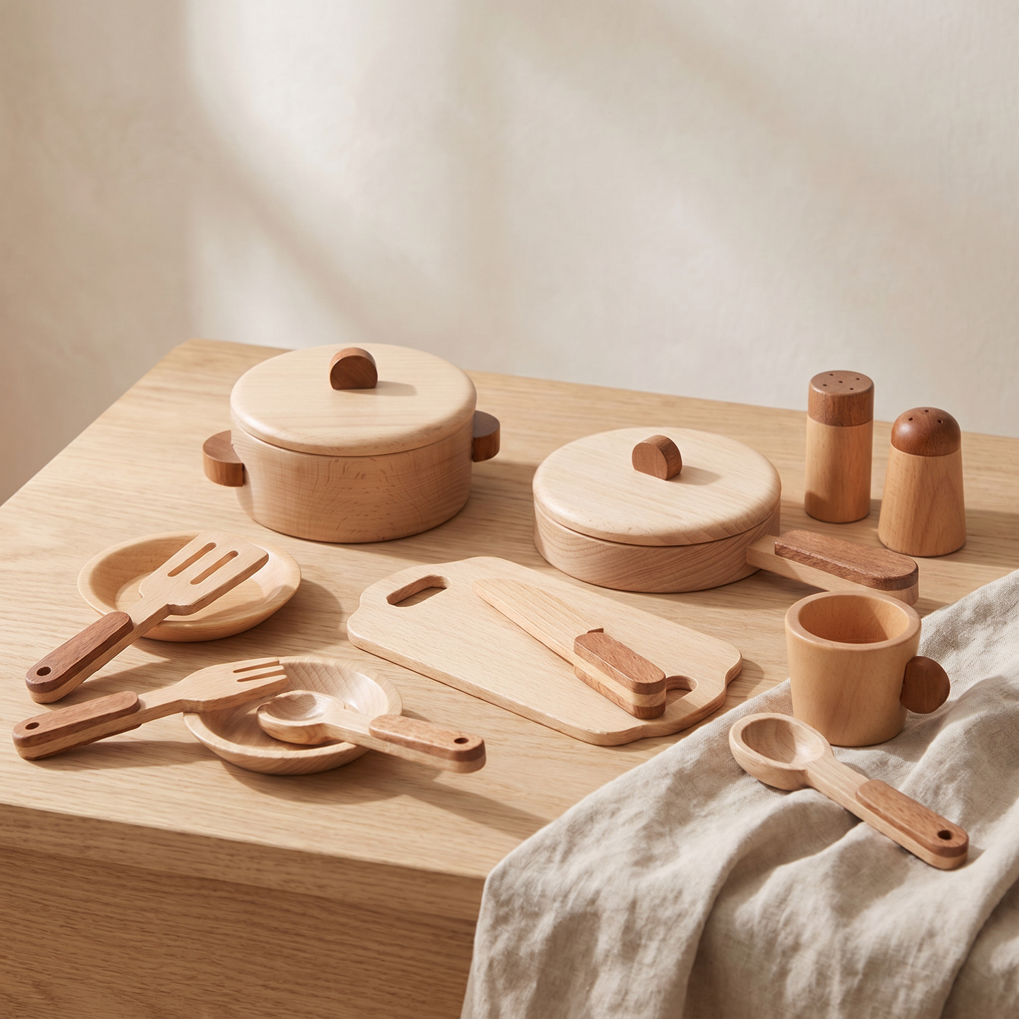Wooden Kitchen Cookware Play Set — 15-Piece Natural Beech Pretend Play Toy for Kids