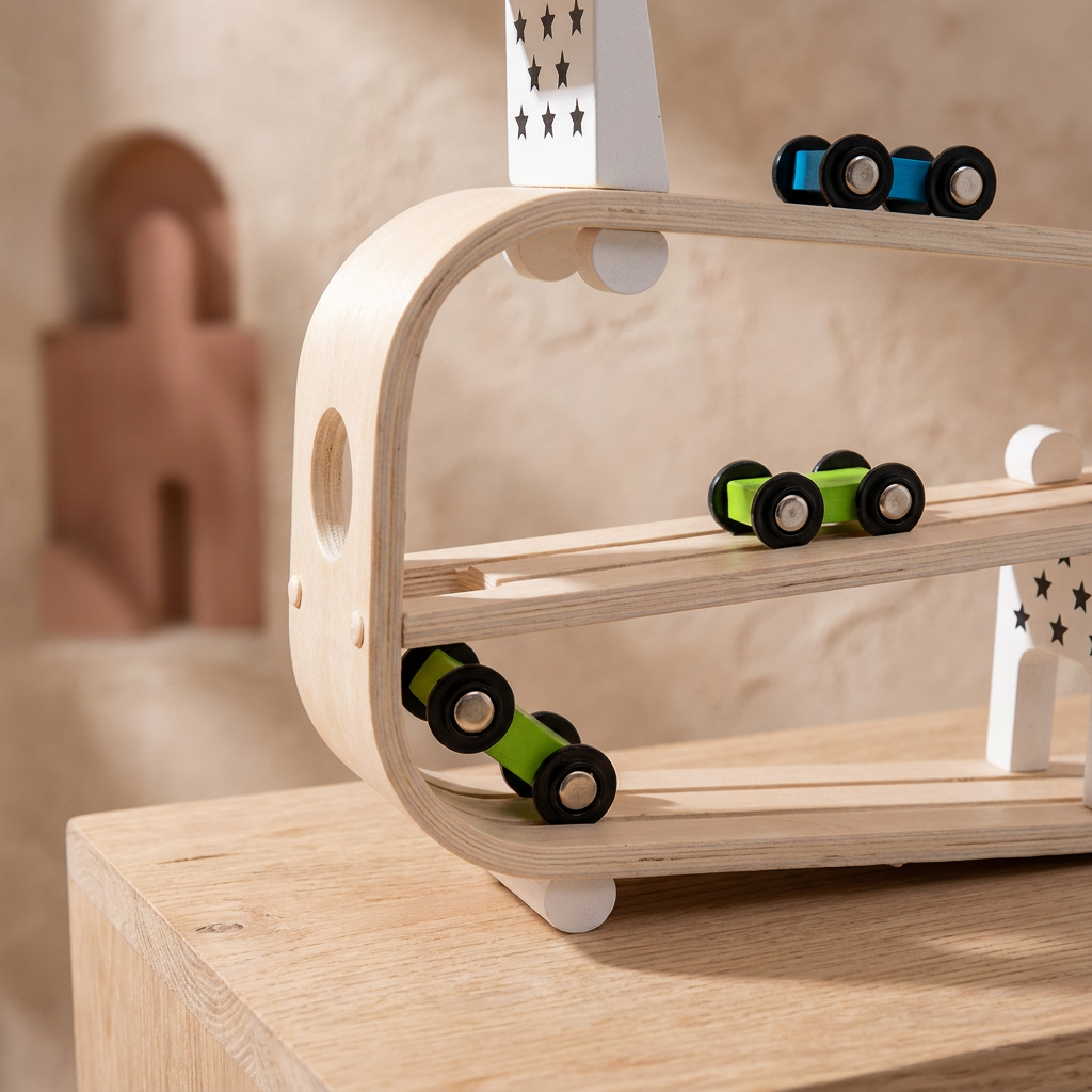 Wooden Car Ramp Racer — 3-Level Gravity Slide Track for Toddlers
