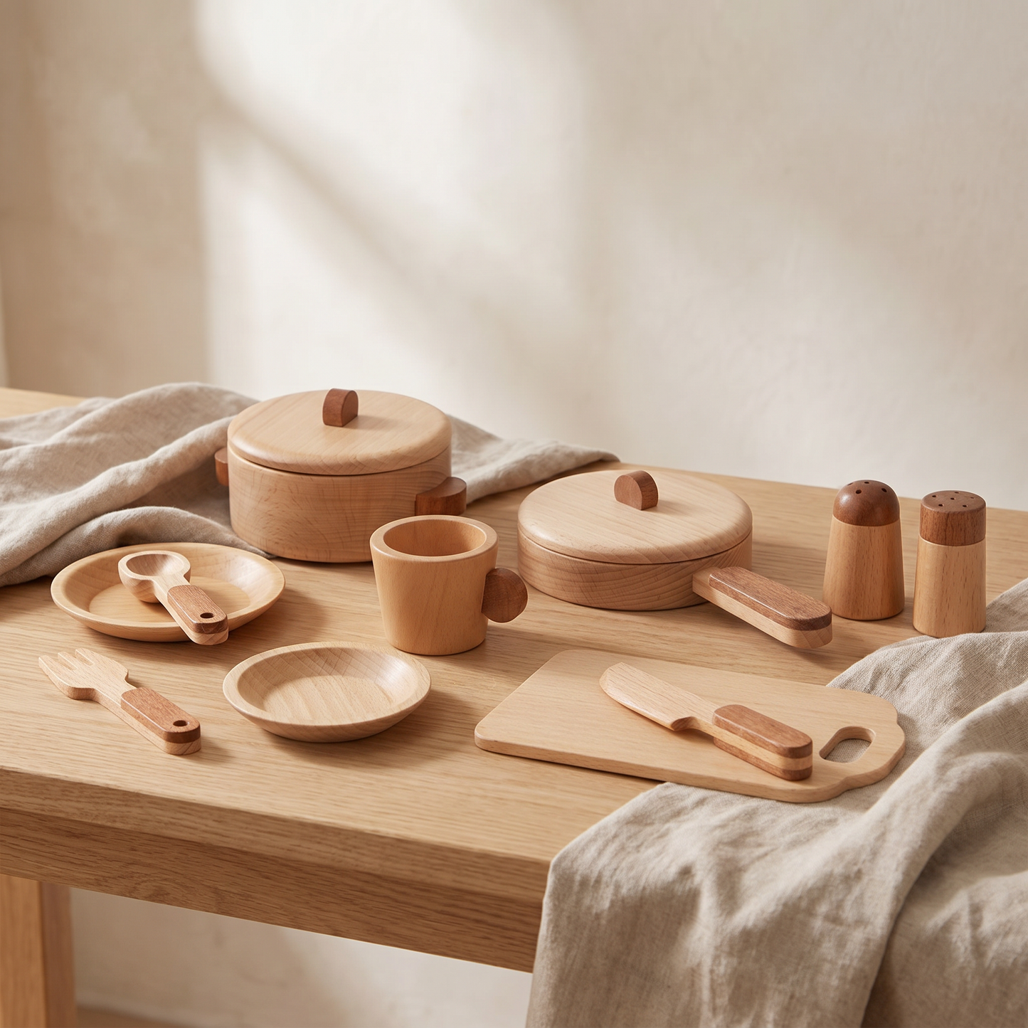 Wooden Kitchen Cookware Play Set — 15-Piece Natural Beech Pretend Play Toy for Kids