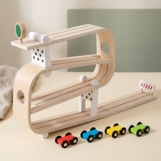 Wooden Car Ramp Racer — 3-Level Gravity Slide Track for Toddlers
