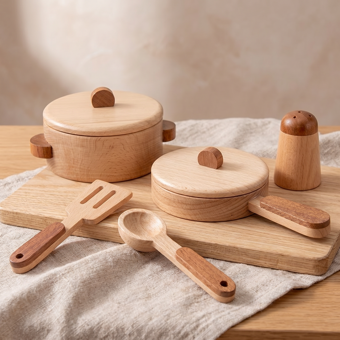 Wooden Kitchen Cookware Play Set — 15-Piece Natural Beech Pretend Play Toy for Kids