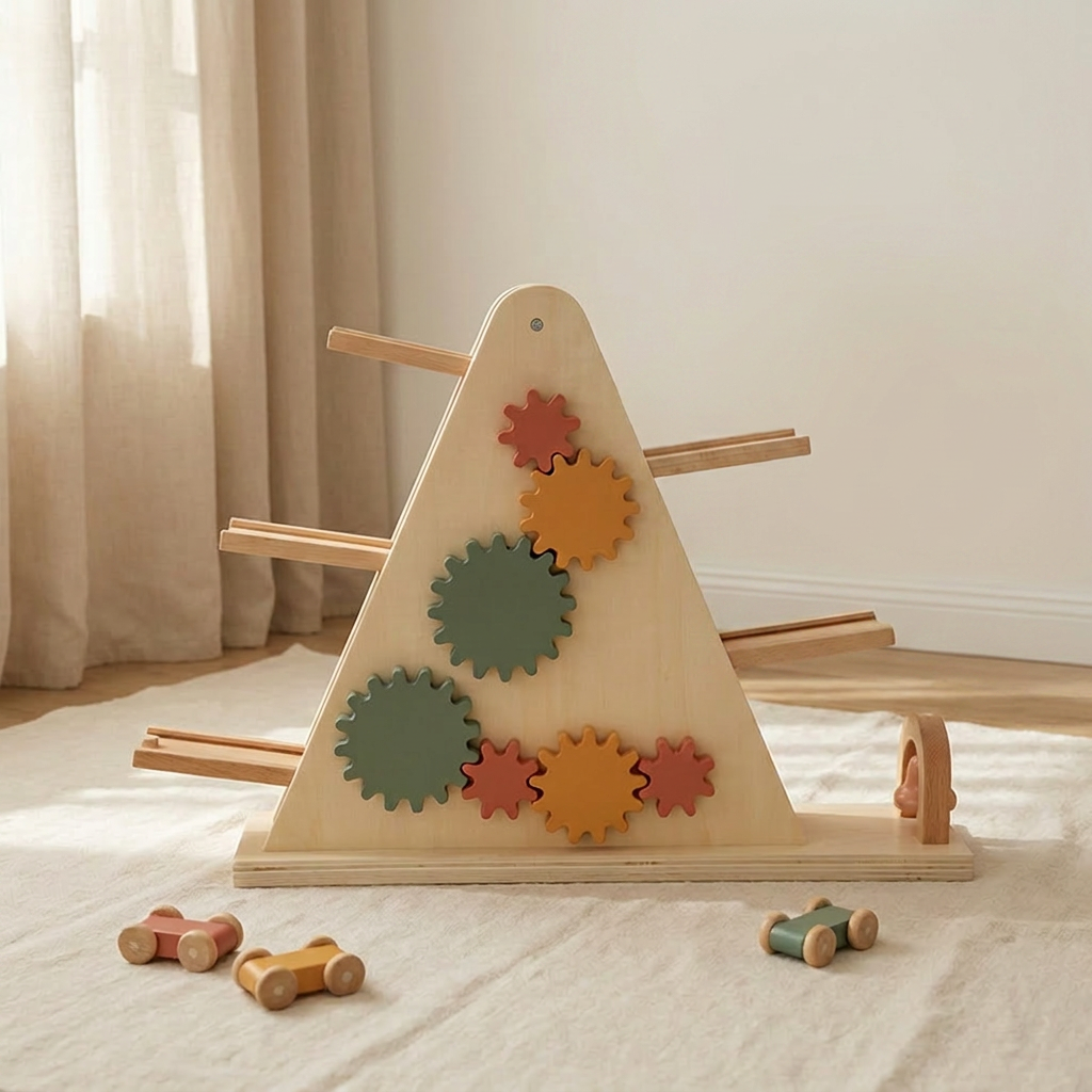 Wooden Windmill Car Ramp Toy — Gravity Slide & Cause-and-Effect Play for Toddlers