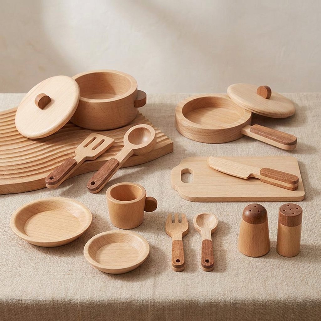Wooden Kitchen Cookware Play Set — 15-Piece Natural Beech Pretend Play Toy for Kids