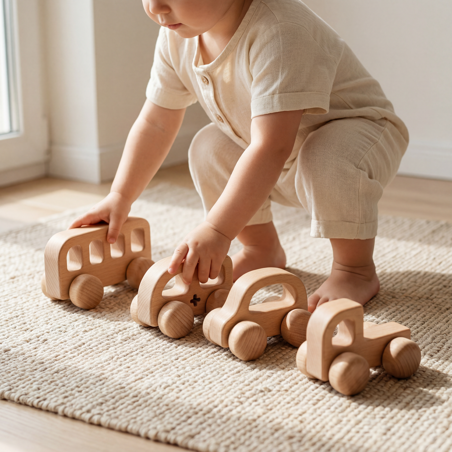 Wooden Vehicle Grasping Toy — Natural Beech Push Car for Babies & Toddlers