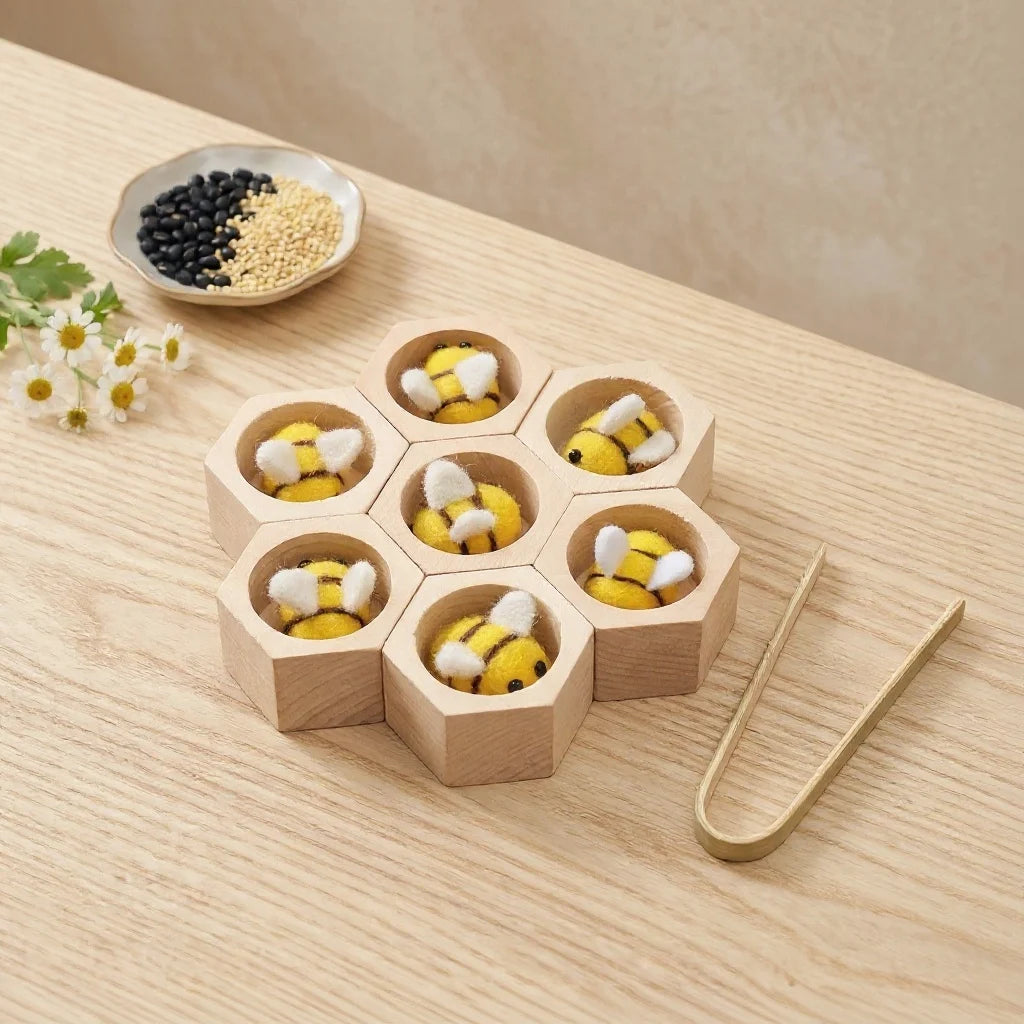 Wooden Honeycomb Bee Sorting Toy — Montessori Pincer Grip & Fine Motor Play for Toddlers