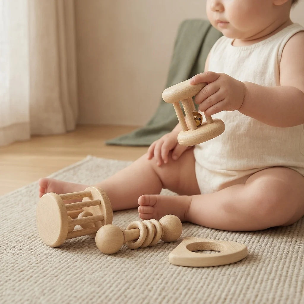 Wooden Baby Rattle & Teether Set — 4-Piece Natural Beech Sensory Toy for Newborns