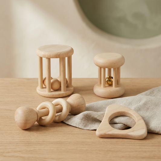 Wooden Baby Rattle & Teether Set — 4-Piece Natural Beech Sensory Toy for Newborns