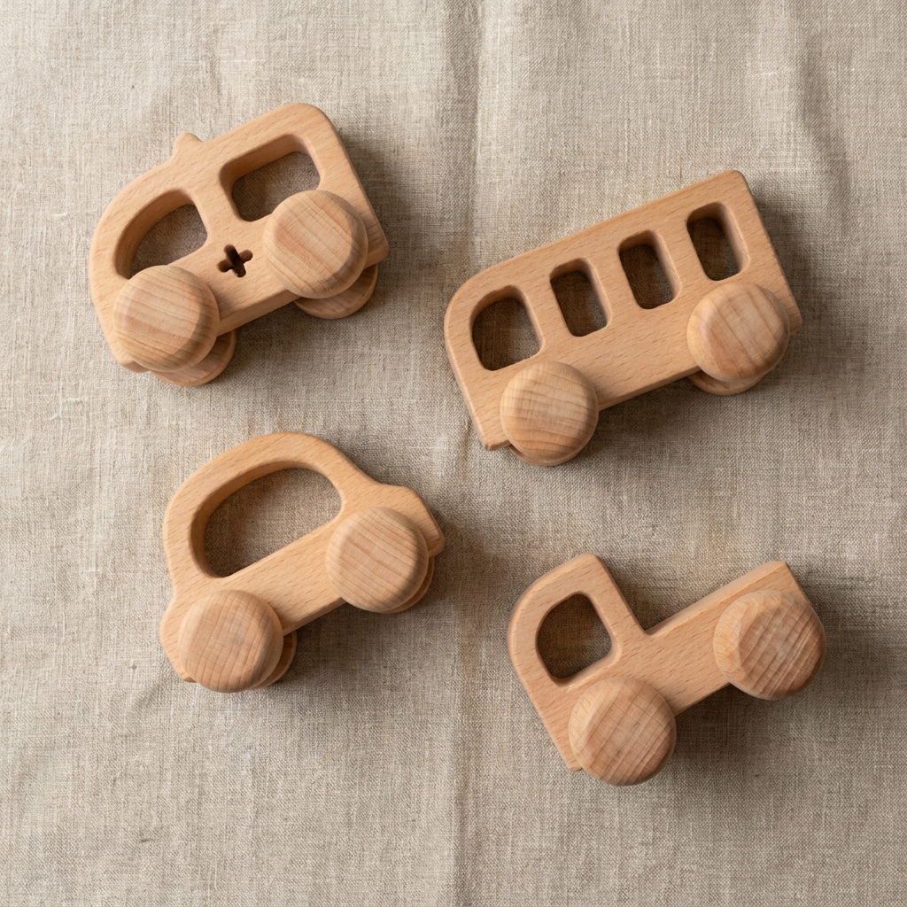 Wooden Vehicle Grasping Toy — Natural Beech Push Car for Babies & Toddlers