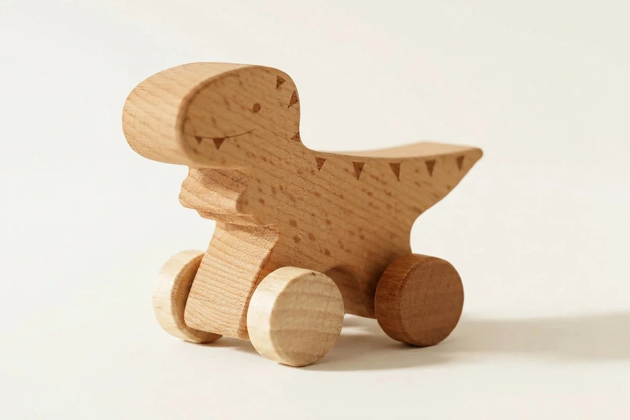 Wooden Dinosaur Push Toy — Handcrafted Beech Dino Car for Toddlers
