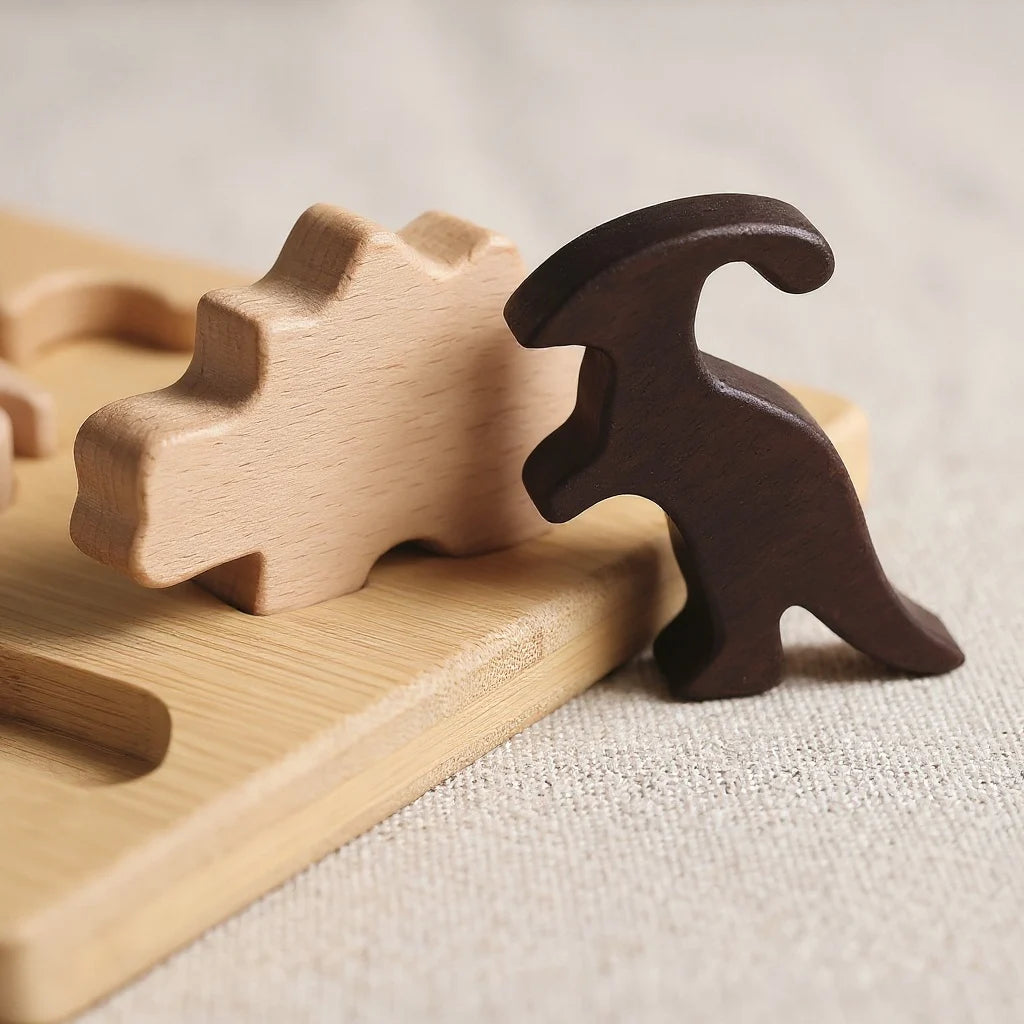 Wooden Dinosaur Chunky Puzzle Board — Montessori Two-Tone Nature Play for Toddlers