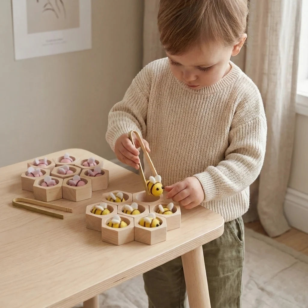 Wooden Honeycomb Bee Sorting Toy — Montessori Pincer Grip & Fine Motor Play for Toddlers