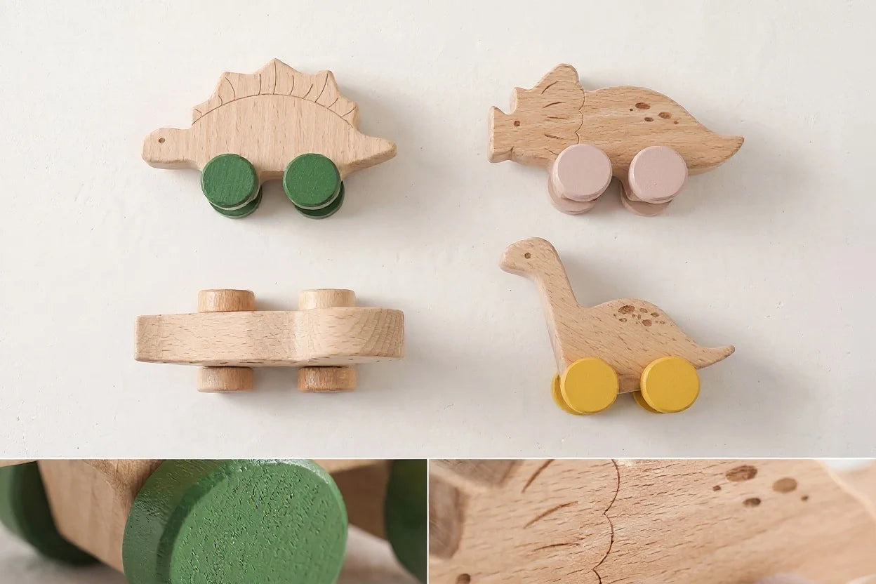 Wooden Dinosaur Push Toy — Handcrafted Beech Dino Car for Toddlers
