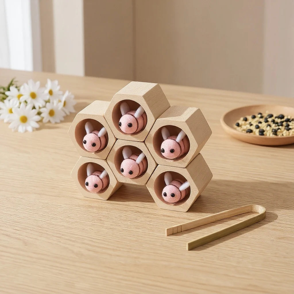 Wooden Honeycomb Bee Sorting Toy — Montessori Pincer Grip & Fine Motor Play for Toddlers