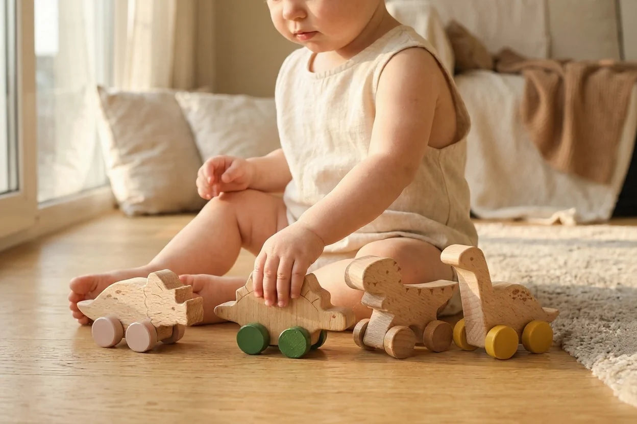 Wooden Dinosaur Push Toy — Handcrafted Beech Dino Car for Toddlers