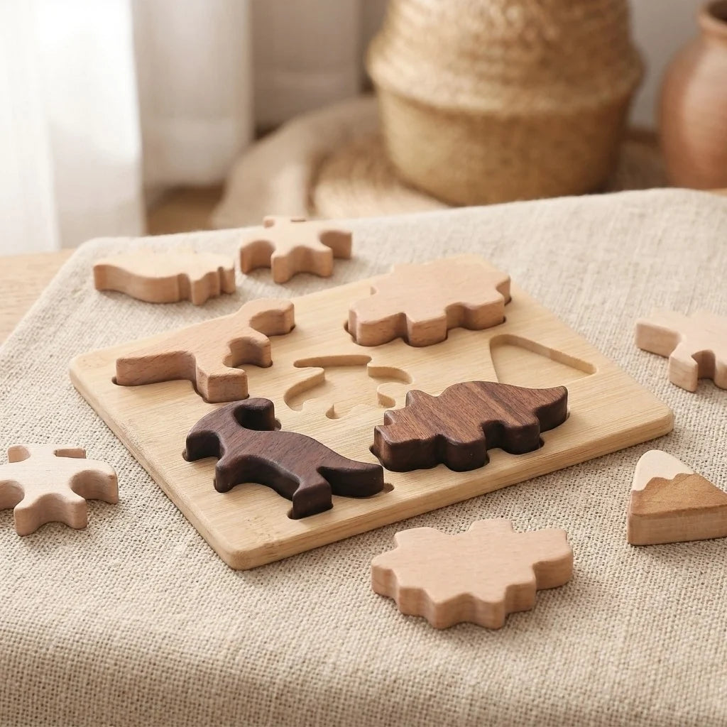 Wooden Dinosaur Chunky Puzzle Board — Montessori Two-Tone Nature Play for Toddlers