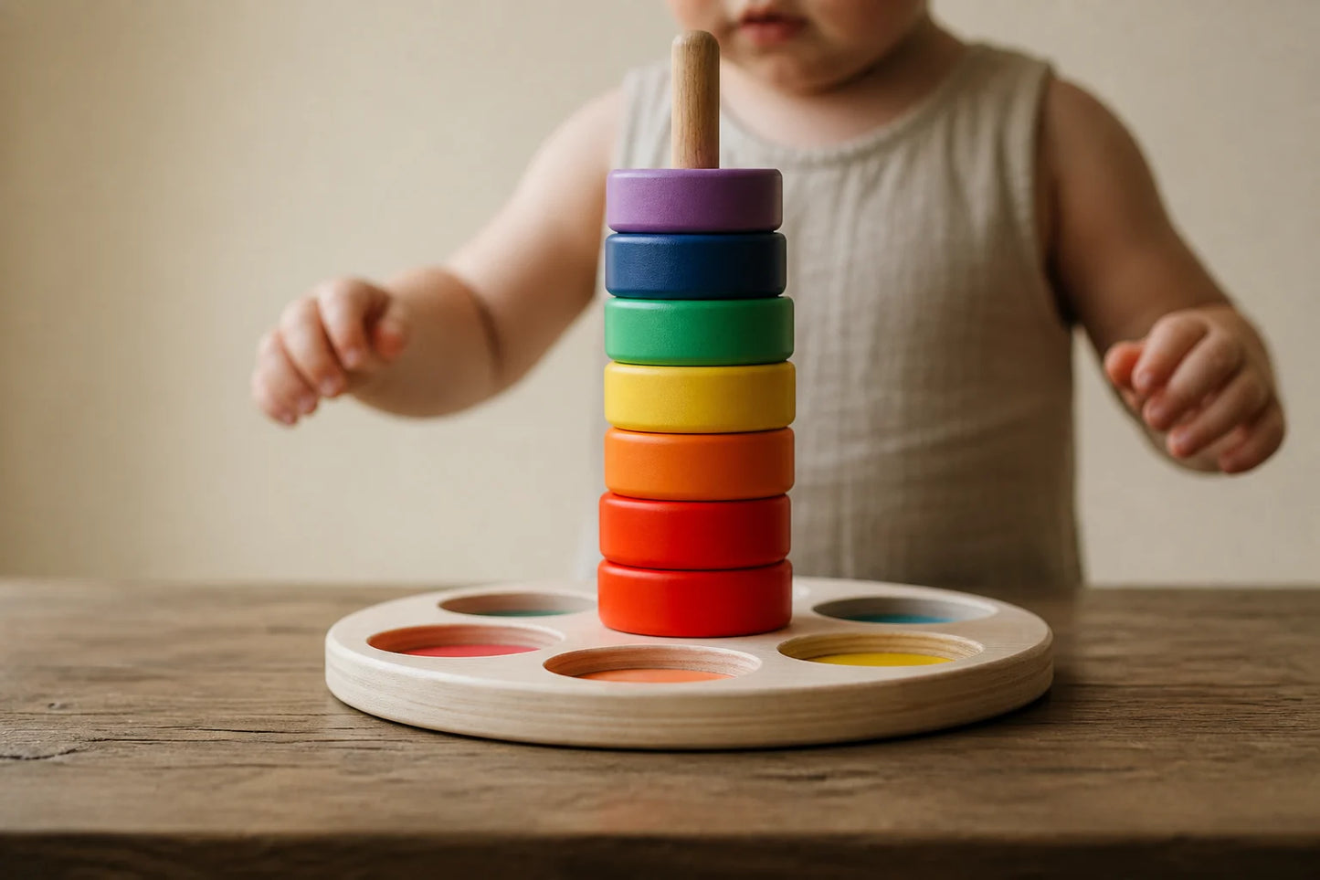 Wooden Rainbow Ring Stacker & Colour Sorter — Montessori 2-in-1 Learning Toy for Toddlers