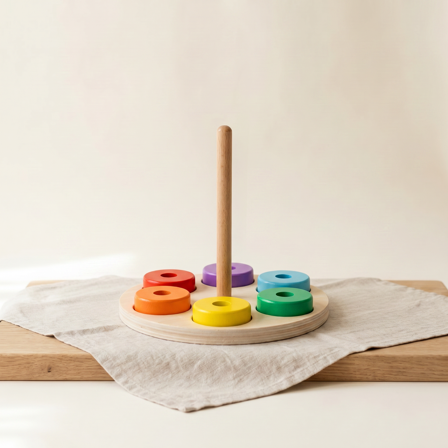 Wooden Rainbow Ring Stacker & Colour Sorter — Montessori 2-in-1 Learning Toy for Toddlers