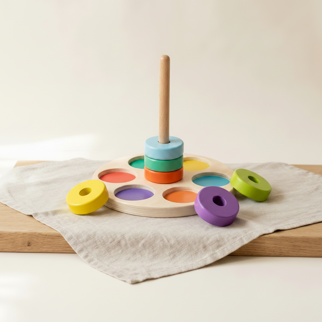 Wooden Rainbow Ring Stacker & Colour Sorter — Montessori 2-in-1 Learning Toy for Toddlers