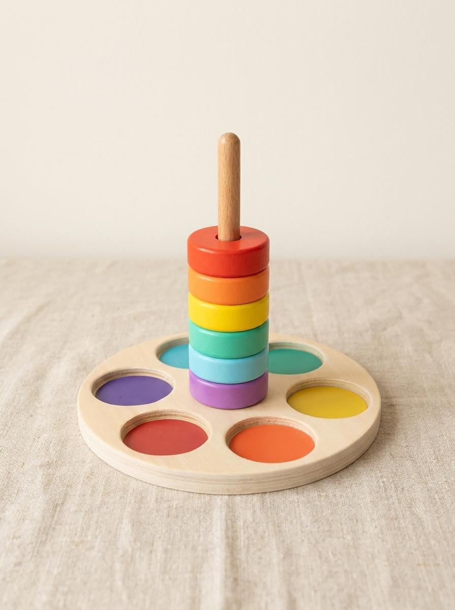 Wooden Rainbow Ring Stacker & Colour Sorter — Montessori 2-in-1 Learning Toy for Toddlers