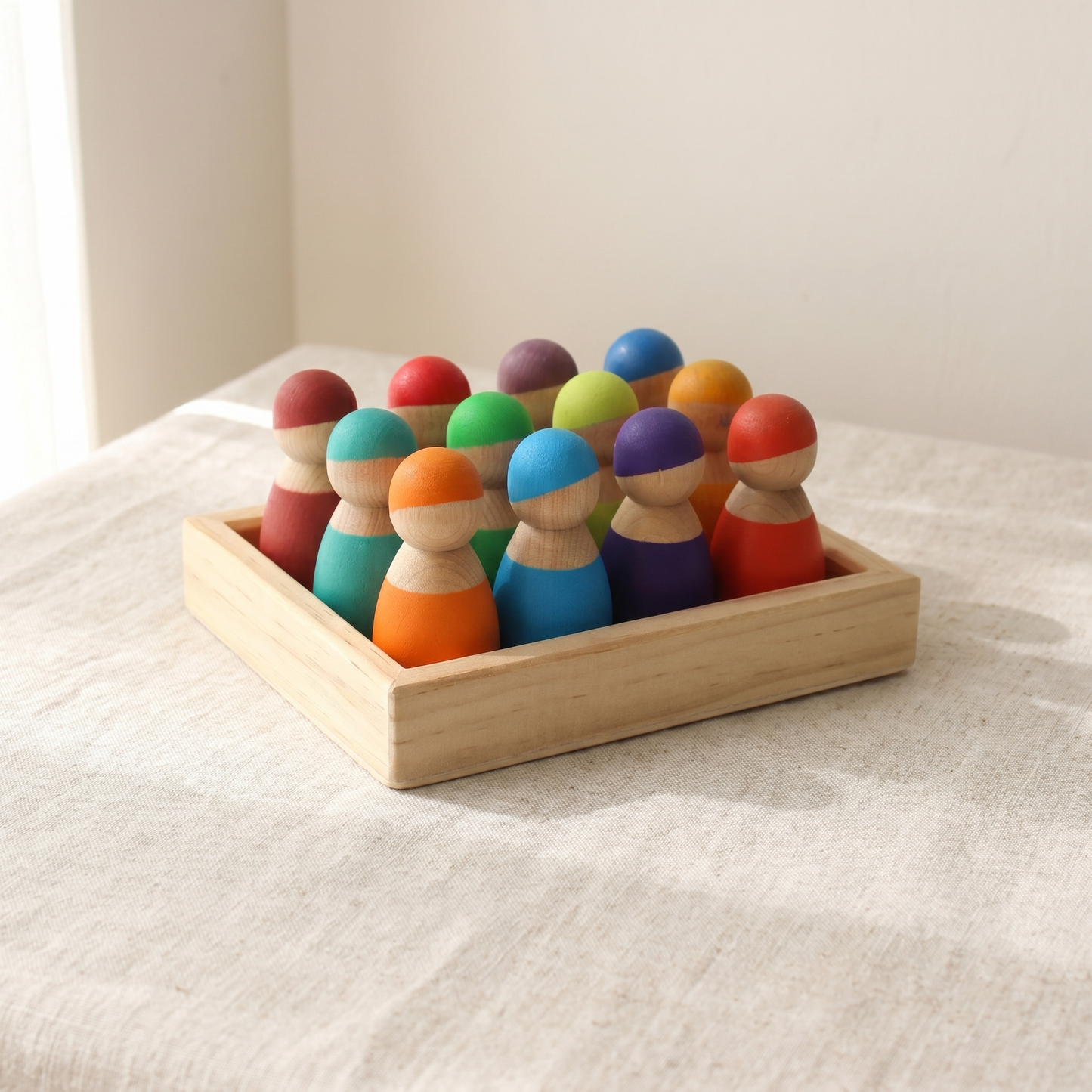 Wooden Peg Doll Set — 12 Rainbow Figures with Storage Tray for Kids