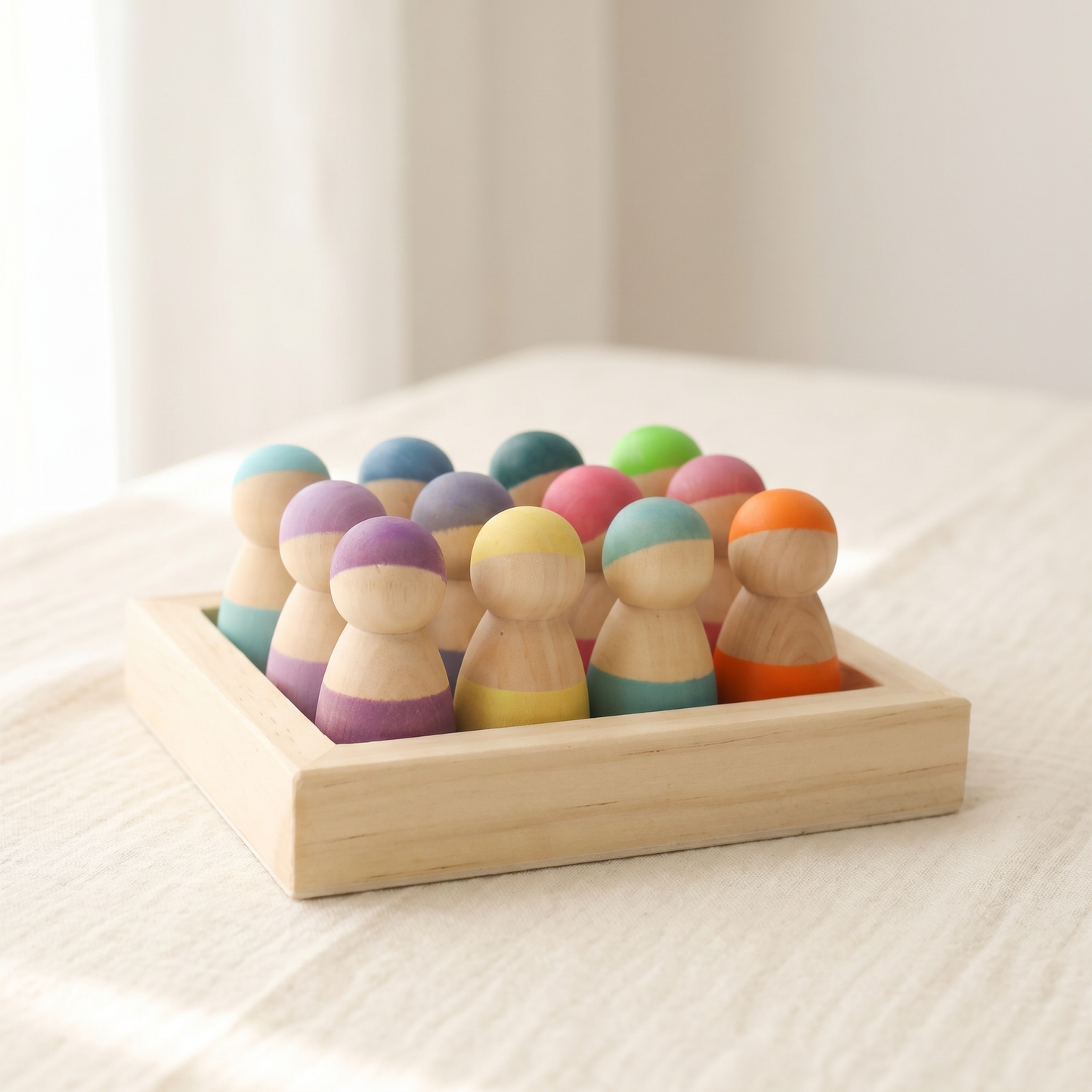 Wooden Peg Doll Set — 12 Rainbow Figures with Storage Tray for Kids