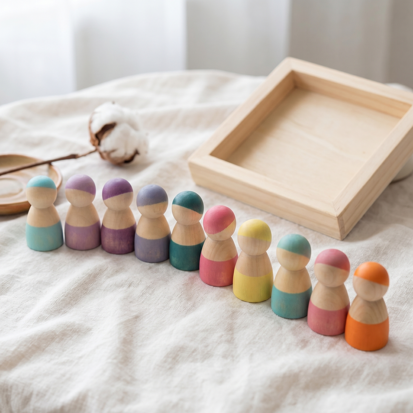 Wooden Peg Doll Set — 12 Rainbow Figures with Storage Tray for Kids