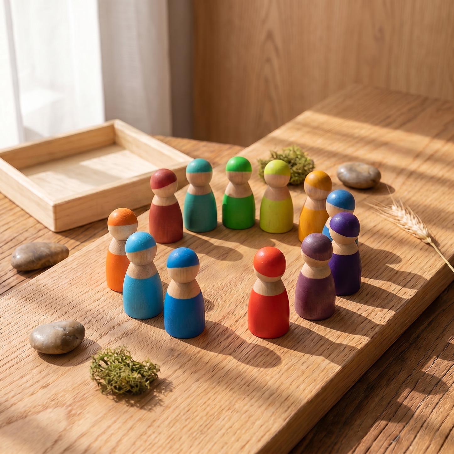 Wooden Peg Doll Set — 12 Rainbow Figures with Storage Tray for Kids