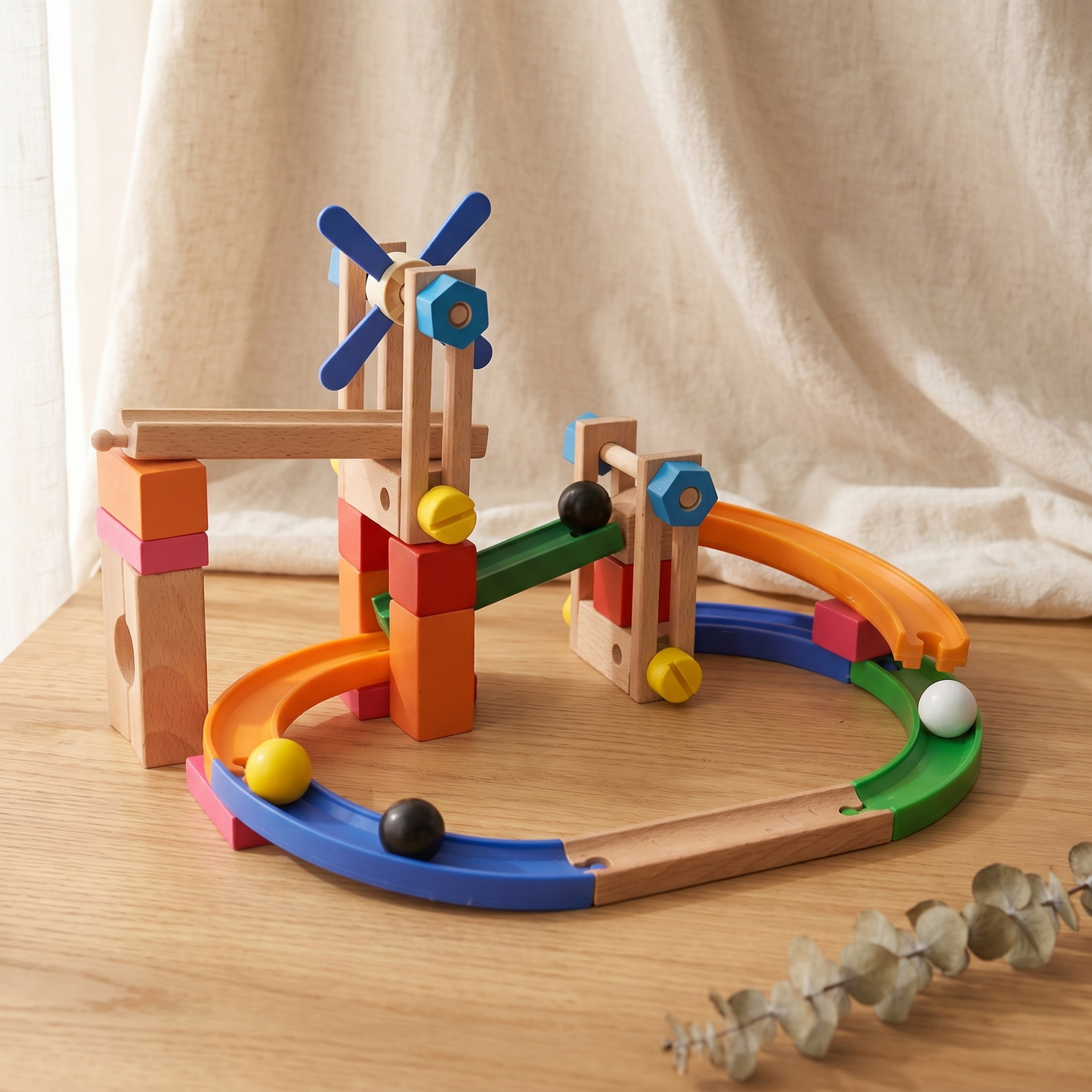 Wooden Marble Run Track Set — Build & Roll Construction Toy for Kids