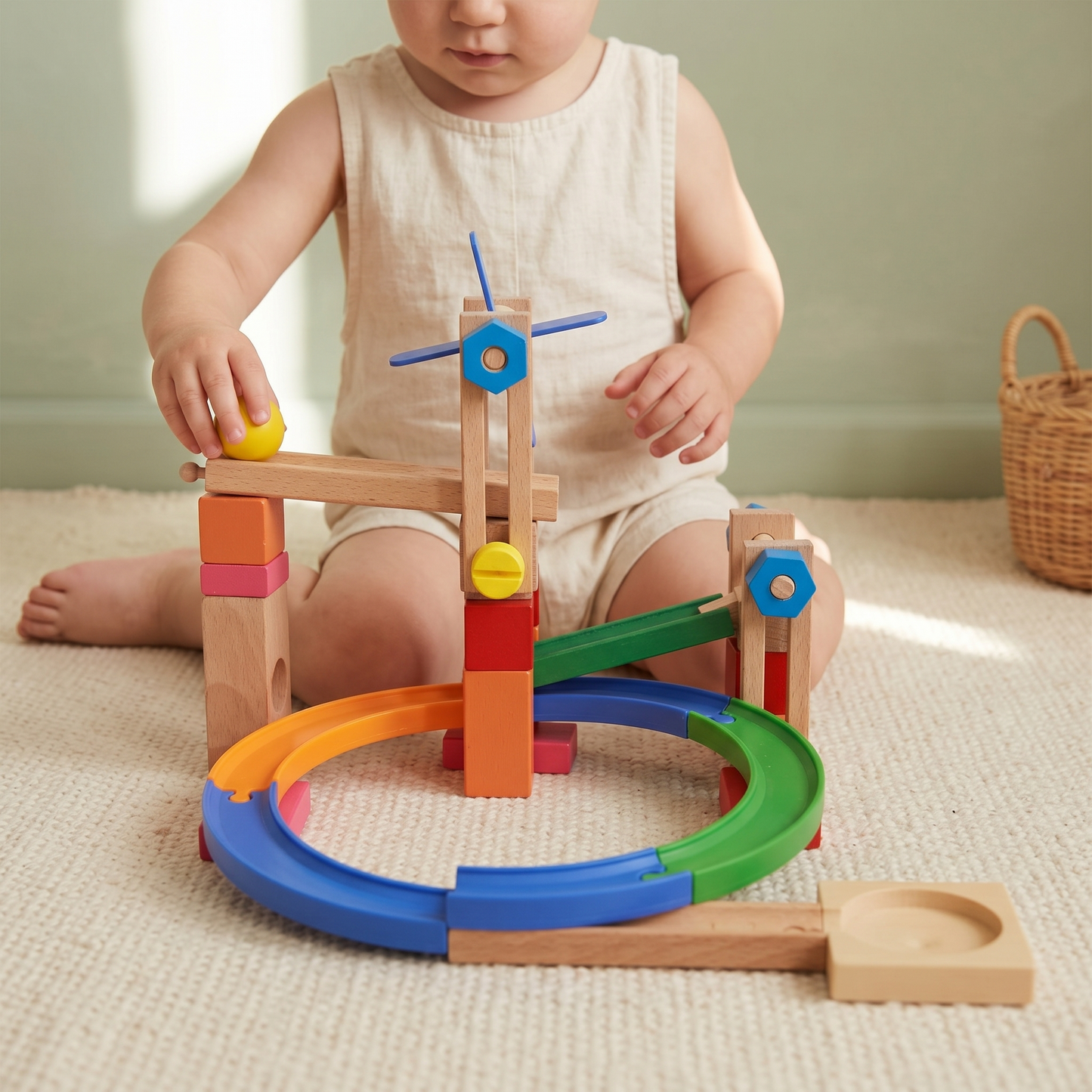 Wooden Marble Run Track Set — Build & Roll Construction Toy for Kids