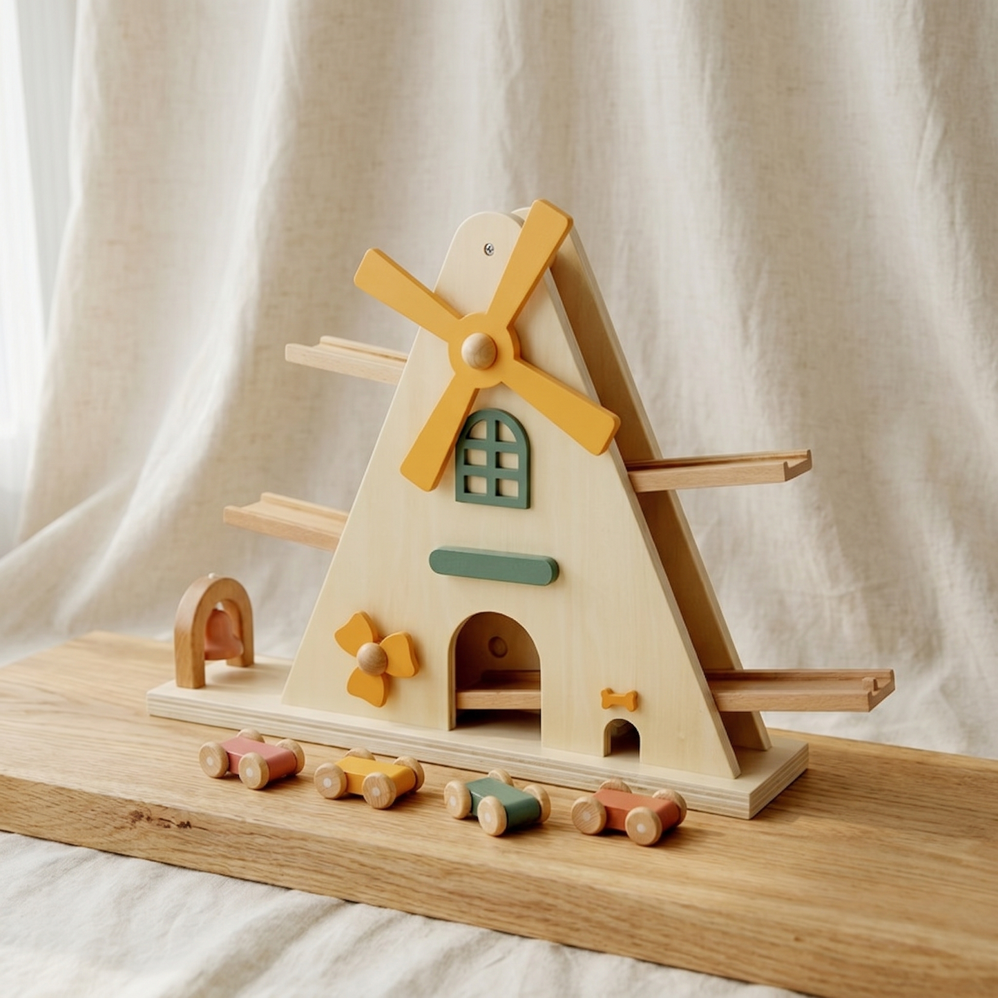 Wooden Windmill Car Ramp Toy — Gravity Slide & Cause-and-Effect Play for Toddlers
