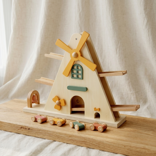 Wooden Windmill Car Ramp Toy — Gravity Slide & Cause-and-Effect Play for Toddlers