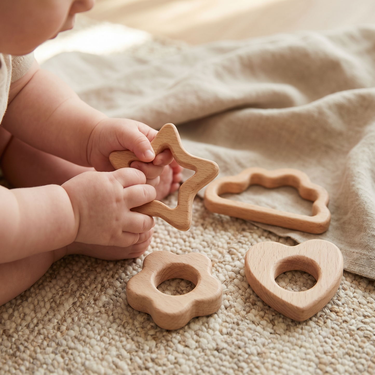 Wooden Teether Shapes — Natural Beech Grasping & Soothing Toy for Babies