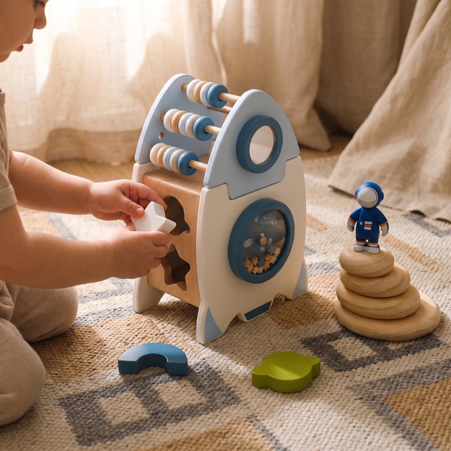 Wooden Rocket Shape Sorter & Abacus Busy Box — Montessori Space Learning Toy for Toddlers